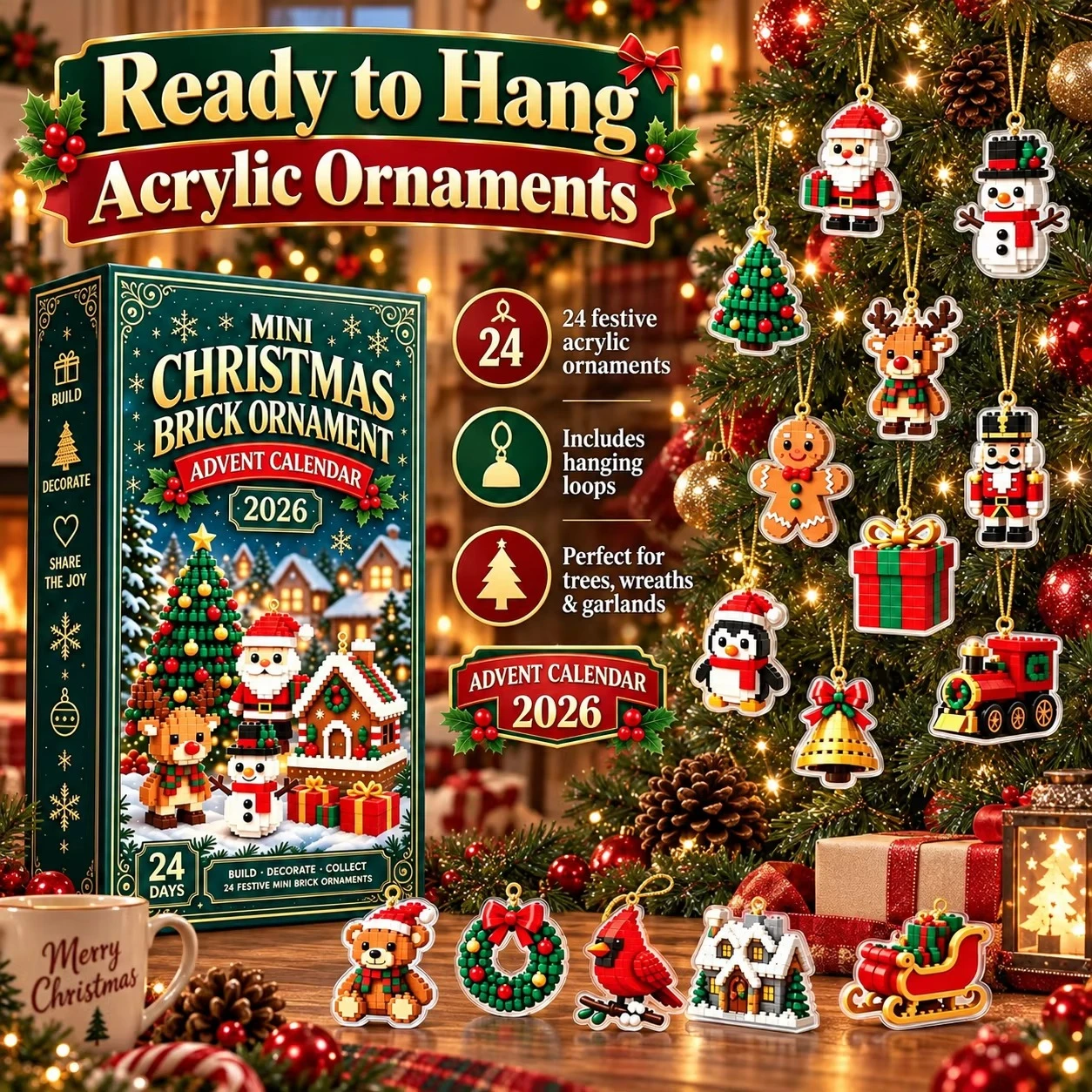 24-Day Mini Christmas Brick Ornament Advent Calendar,Unique Designs, Buildable Bricks, Hanging Loops Included, Holiday Countdown image 3