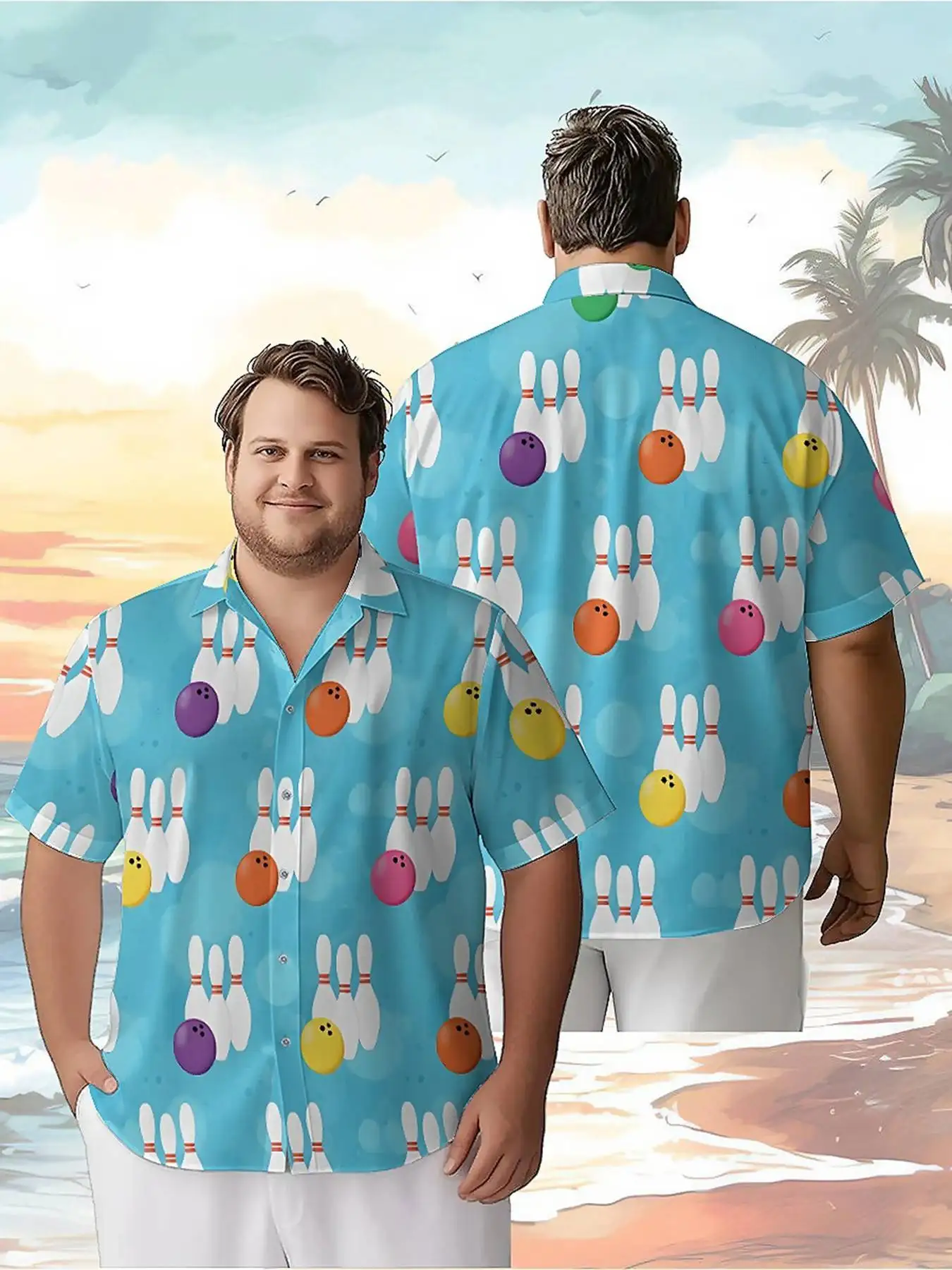 Men's Plus Size Hawaiian Shirts Fun Bowling Theme pattern,New in Summer Fashion Tops,Hip Hop Rock Streetwear