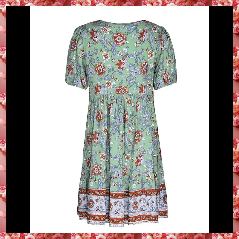 ผู้หญิงสบายๆ-ชุดฤดูร้อน Boho V คอแขนสั้น Babydoll พิมพ์ลายดอกไม้ Flowy Beach Dress