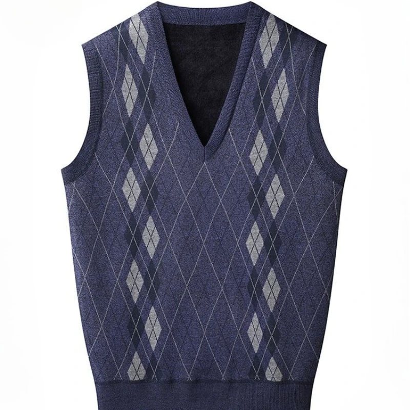 

High Quality Korean Style Autumn Winter Men's Thick Fleece Lined Argyle V-Neck Vest Warm Knitwear Cardigan Versatile