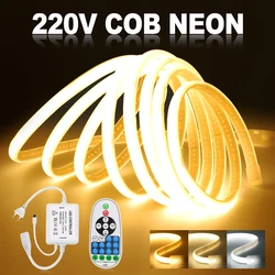 Dimmable 220V COB Neon LED Strip Light 23Key IR Remote Control EU UK AU Power Plug 240LED Waterproof Flexible Tape Home Lighting