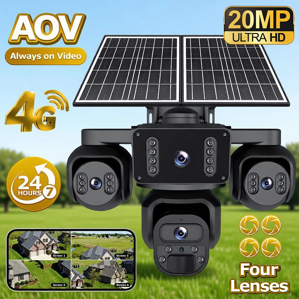 

SHIWOJIA 20MP 4G SIM Solar Security Camera AOV 4-Screens 24/7 Recording 20W Solar Panel 20100mAh Battery Video Surveillance PIR