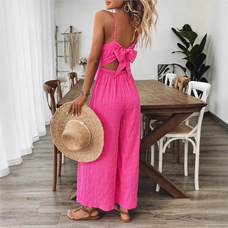 Pantaloni Donna Ropa Dama V-neck Suspender Solid Color Backless Summer New Jumpsuit Women's Vacation All-match Wide-leg Jumpsuit