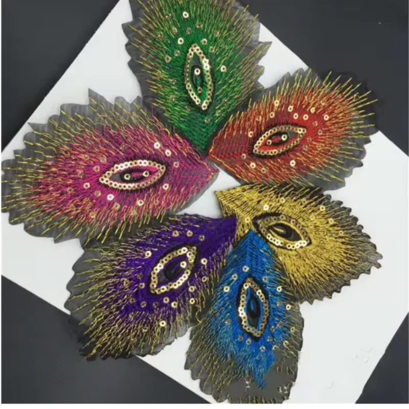 5 Pieces Sequined Embroidery Patches Iron On 3D Appliqued Lace Peacock Tail Multicolor Flower Trims 10.5*7CM Diy