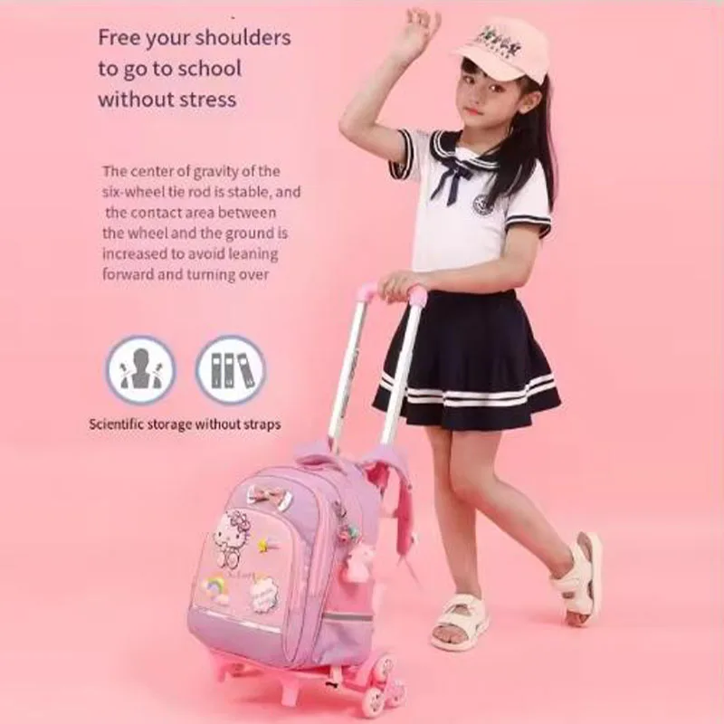 Zaino da scuola per trolley Kawaii Anime Hello Kitty Zaino per studenti con ruote Regalo per ragazza impermeabile portatile di grande capacità