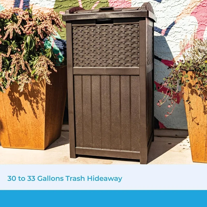 33 Gallon Outdoor Trashcan Hideaway with Lid for 30 to 33 Gallon Trash Bags for Garage, Backyard, or Garden, Brown