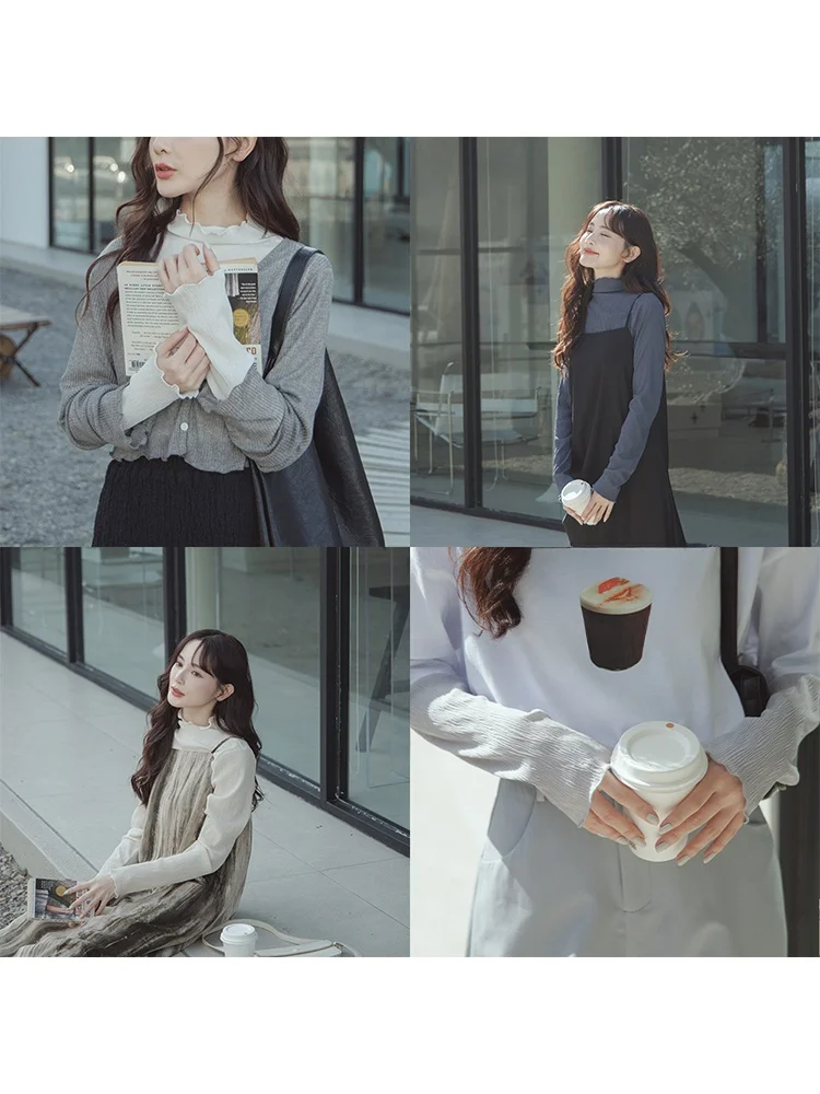 

Новая женская дышащая футболка Queenop с высоким воротником, длинным рукавом и деревянными складками, в полоску, для осени и зимы