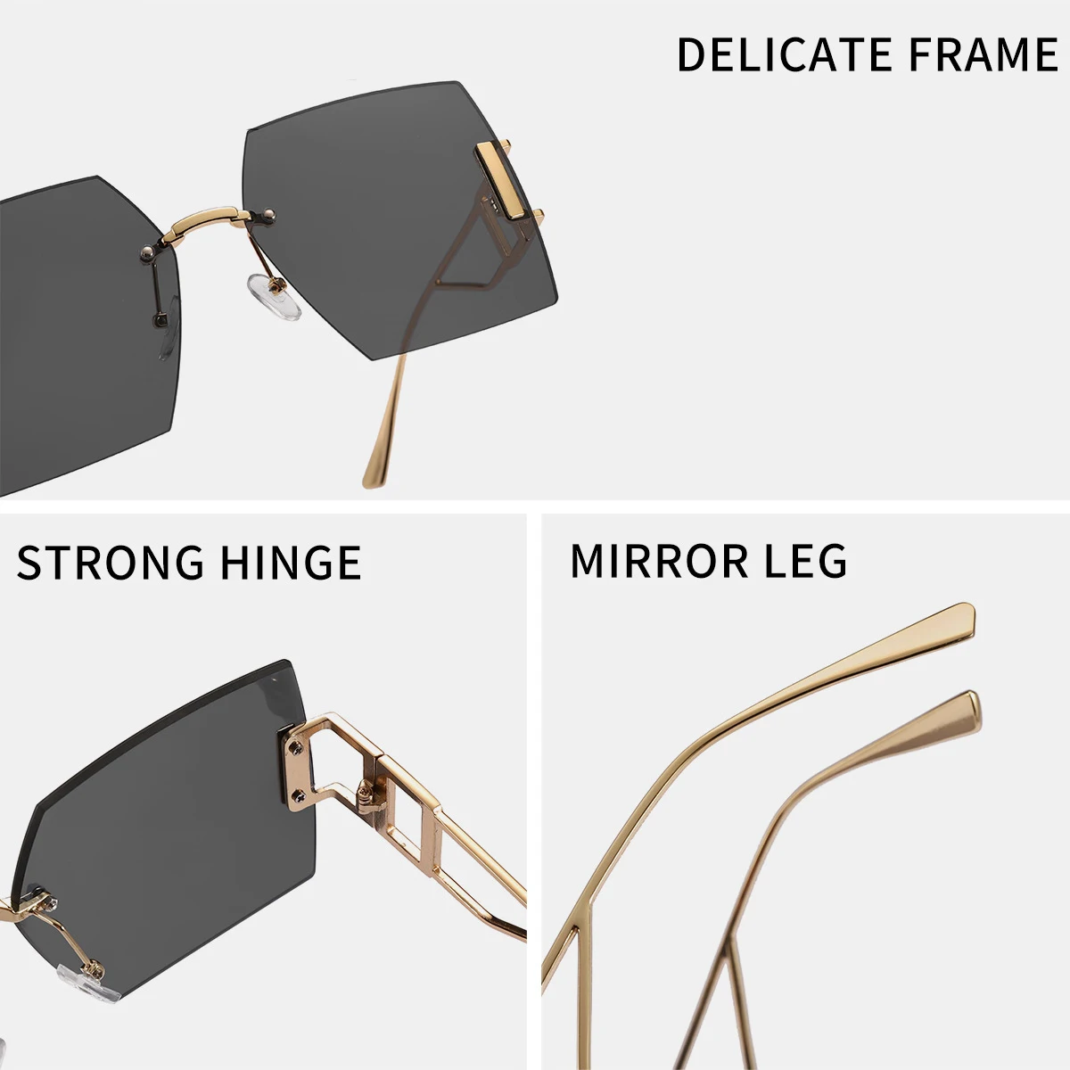 موضة بدون شفة النظارات الشمسية مستطيل إطار معدني النساء الرجال ظلال كبيرة مربع نظارات شمسية للإناث الذكور السفر Oculos #4