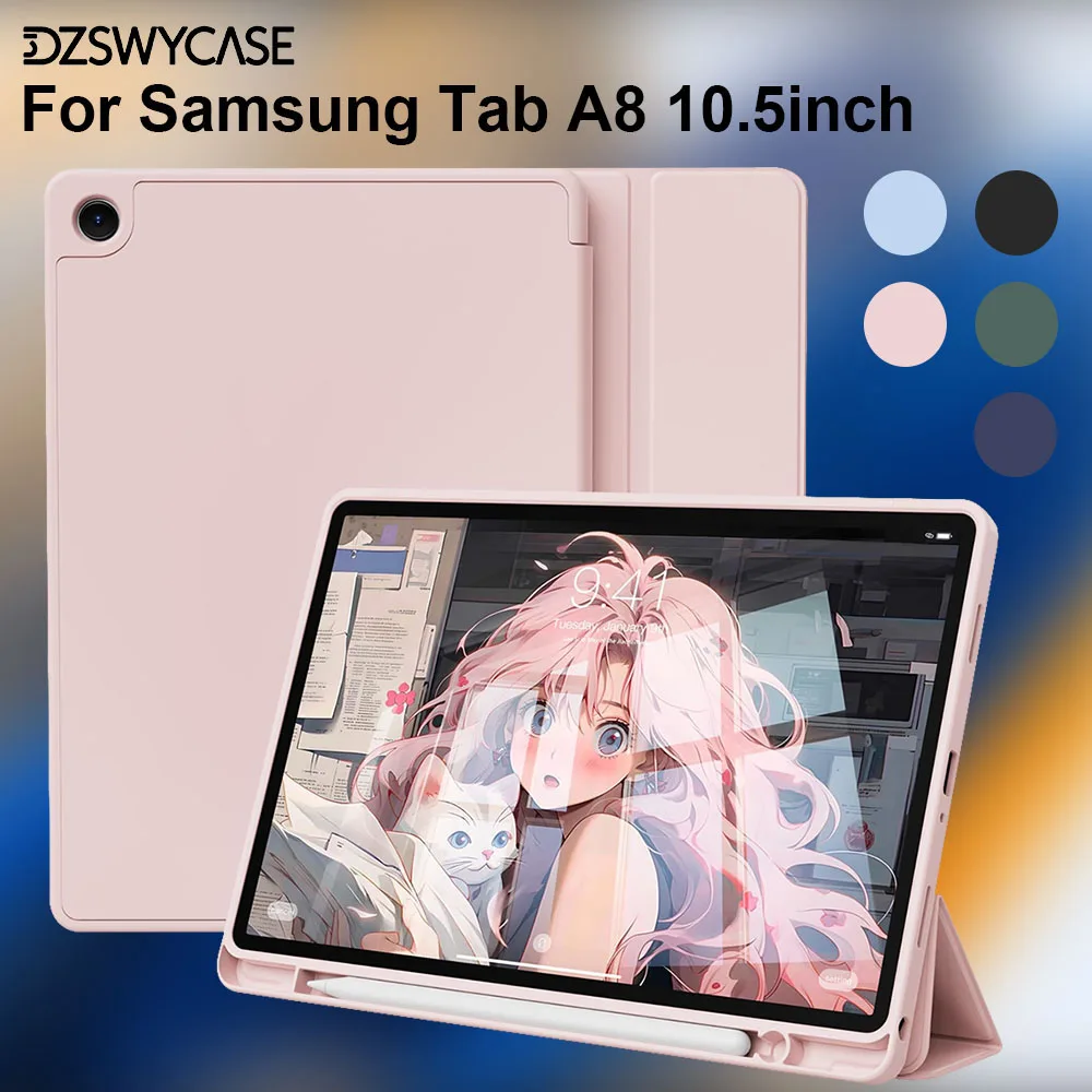 Silicone Case for Samsung Tab A8 10.5 inch (SM-X200 SM-X207), with Pencil Holder, Lightweight Soft Smart Cover, Auto Sleep/Wake