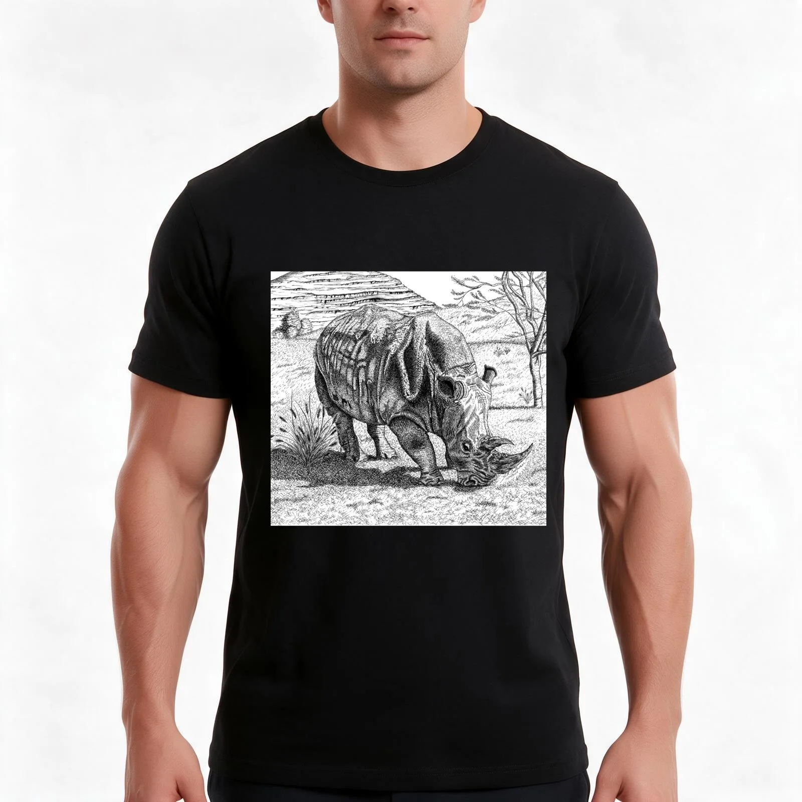 Southern White Rhino T-Shirt, Summer Casual Cotton Tee, Oversized Streetwear Tops, Vintage Graphic Print, Loose Fit Short Sleeve