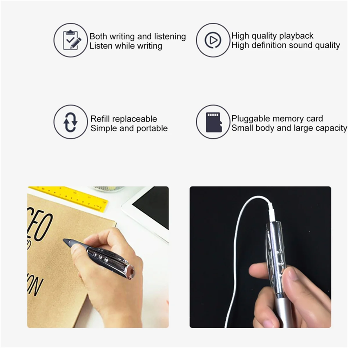 مشغل MP3 USB متعدد الوظائف ، مشغل موسيقى محمول ، جهاز استماع للطلاب ، قلم قابل للكتابة ، فضي