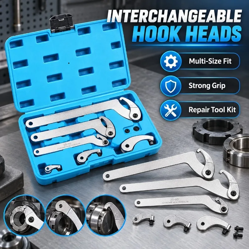 8Pcs Hook Spanner Wrench Kit Adjustable C Wrench Set with Replaceable Heads for Locking Rings Round Nuts Auto Repair Tools