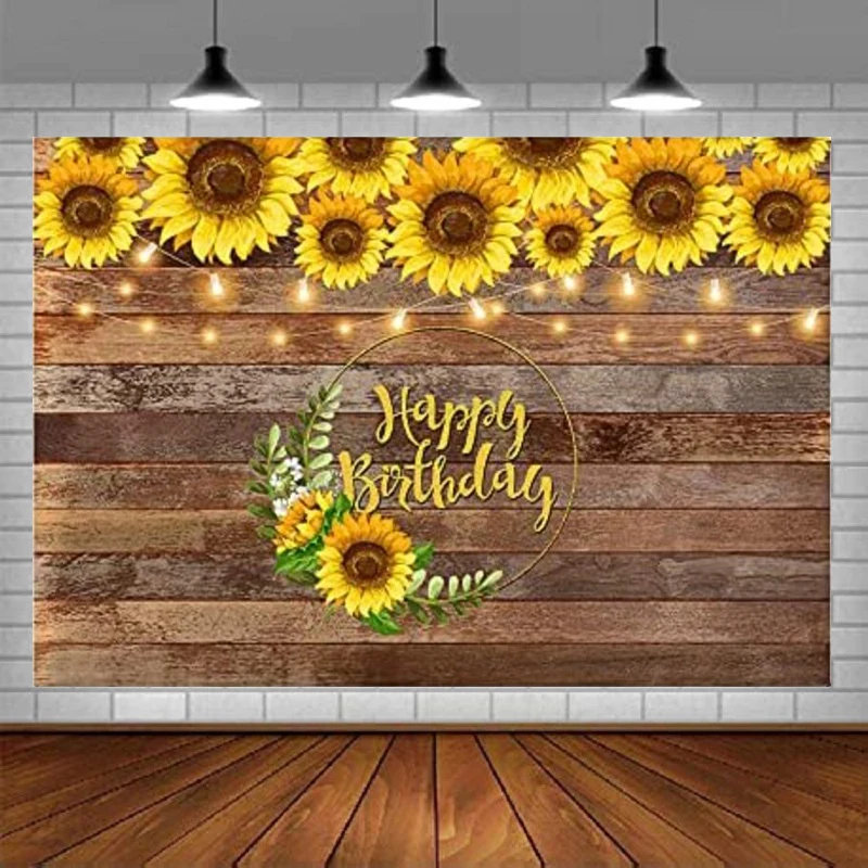 Sunflower Photography Backdrop For Birthday Party Decorations Brown Wood Photo Background Banner Poster