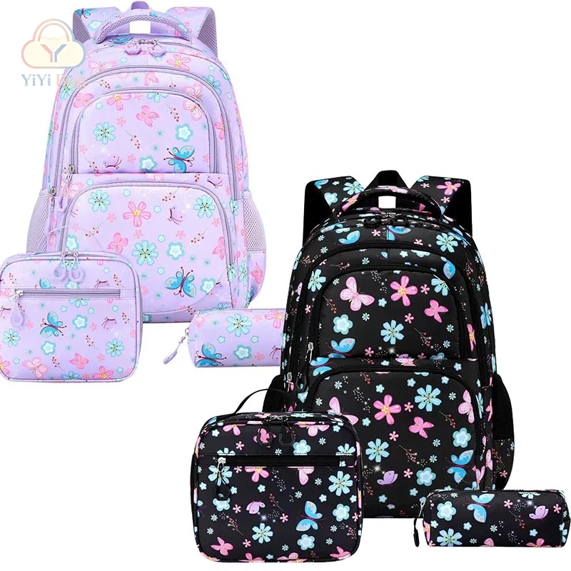 Flower Butterfly Pattern School Backpacks Meal Package Pencil Case Three Piece Set New Boys Girl Teenagers High Quality Backpack