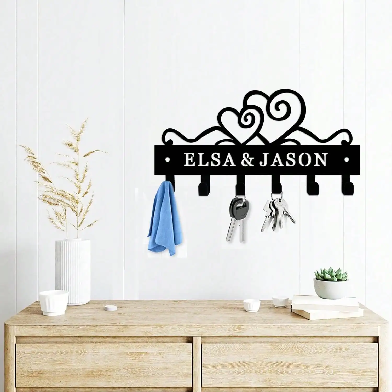 Personalized Wall Mounted Key Holder Heart Metal Hook Custom Name Entryway Organizer Hat Rack