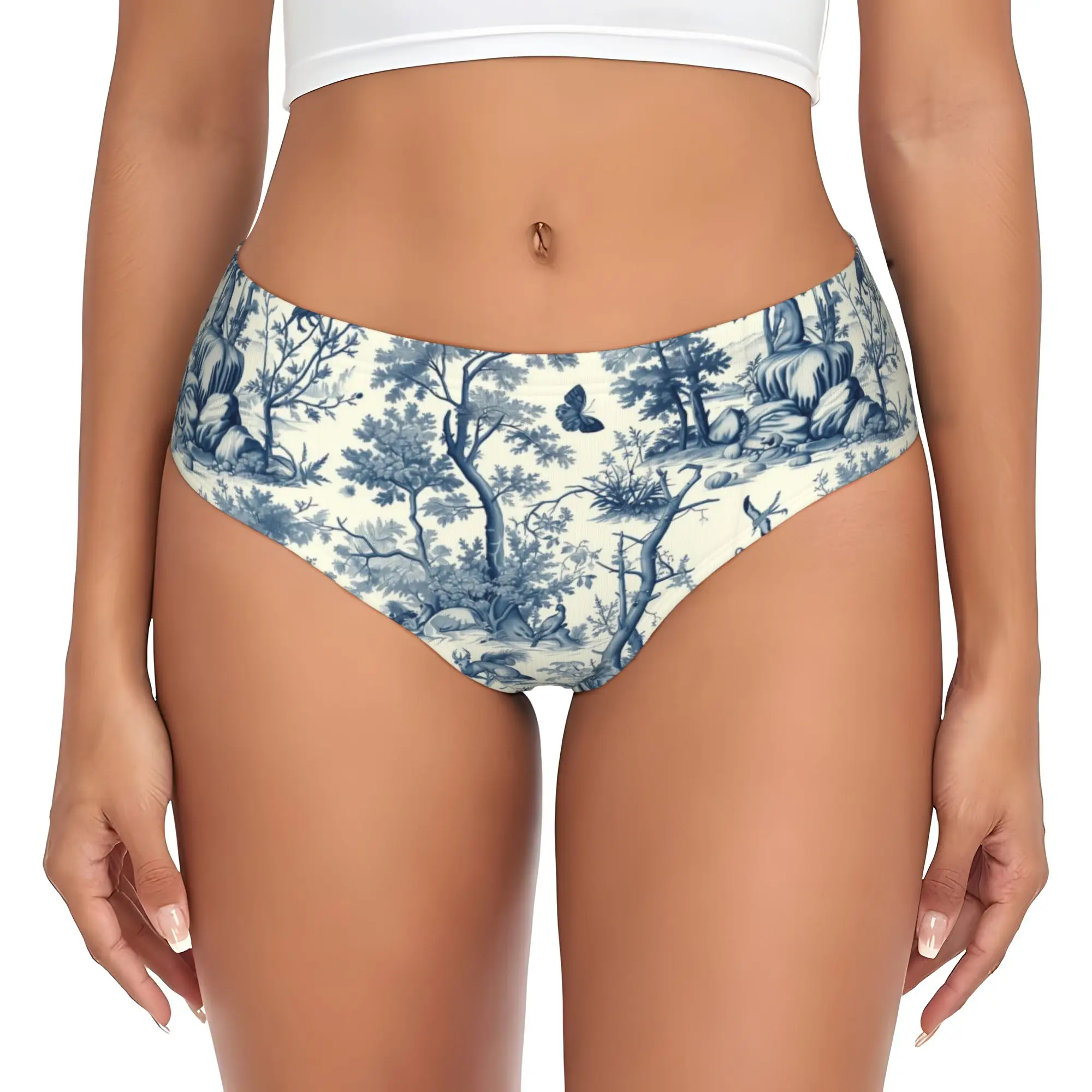 Custom Womens Toile De Jouy  Blue Ink Panties Breathable Jouy Pattern Trees Deer Butterfly  Briefs Underwear