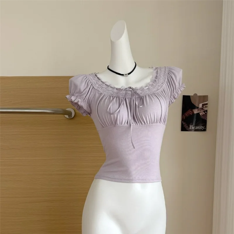 Casual White Knitted Lac Patched Female T-shirts Y2K Korean Style Slim Tie Up Shirring Summer Top Tee Folds Outfits