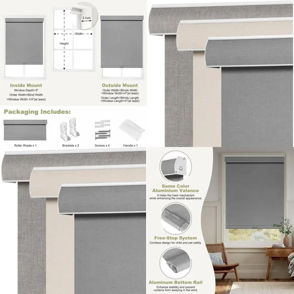 ม่านม้วนผ้าลินินไร้สาย ป้องกันความร้อน ป้องกันรังสียูวี ป้องกันแสงสำหรับบ้าน/สำนักงาน (สีเทาไลน์, 34x72)