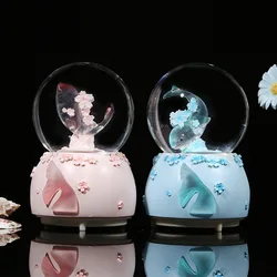 Resin Base Glass Crystal Ball Pink Transparent Whale Illumination Snow Globe With Music Children Bedroom Desktop Decor 스노우볼