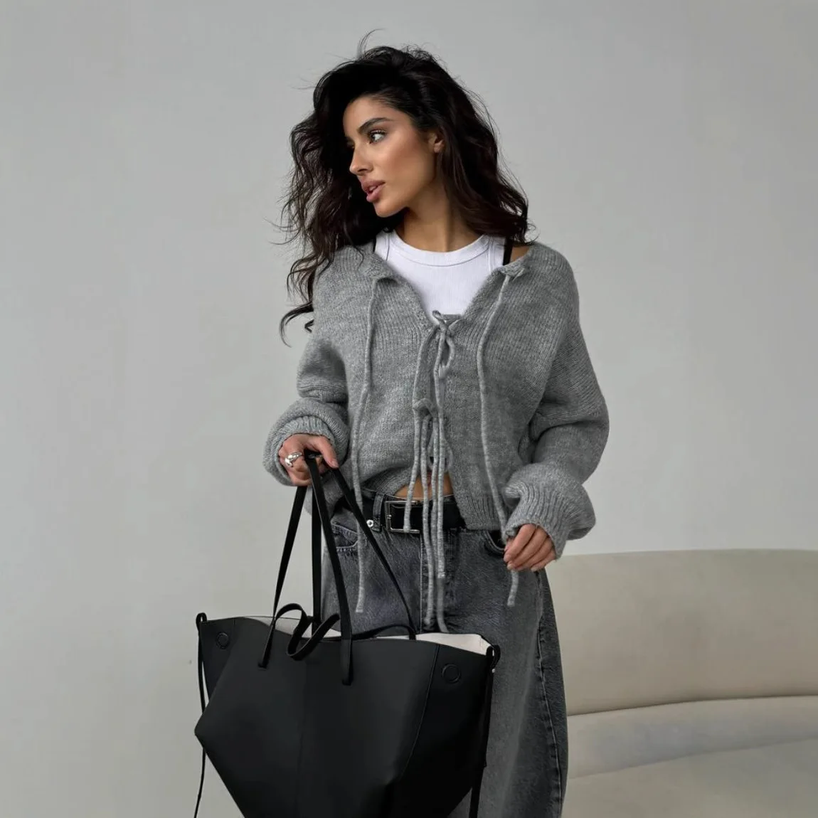 

Gray Short Knitted Cardigan for Women Elegant Long Sleeve Sweaters Coats Fashion Lace Up Casual Basic Loose Jumpers 2025 White