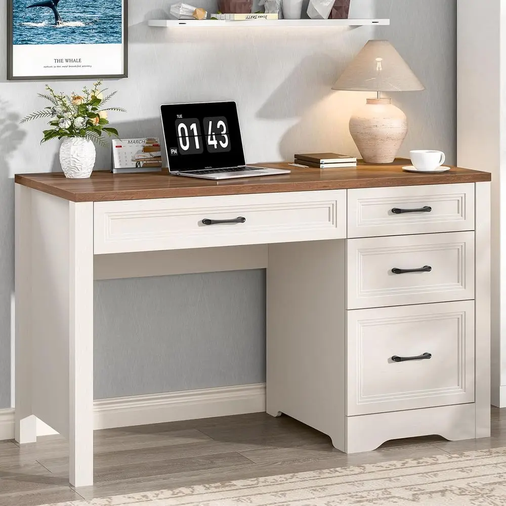 

Large Rustic Writing Desk with Storage, White for Home Office or Bedroom