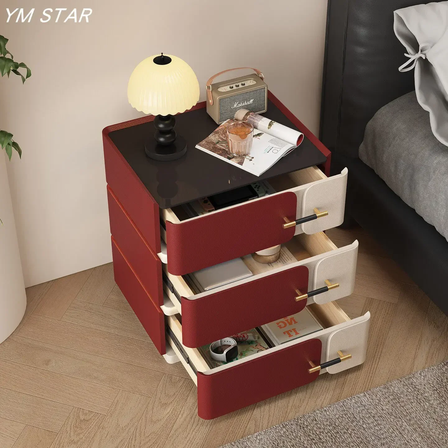 TQH7.2 light luxury bedside table solid wood bedroom household cream wind bedside drawer cabinet free with lamp