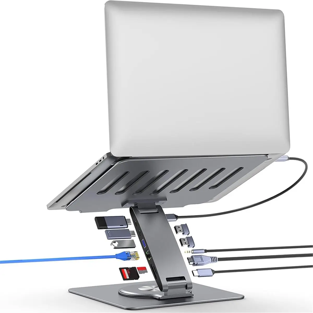 DT81 11-in-1 Adjustable Laptop Stand with Docking Station, Aluminum Laptop Riser with USB Hub for MacBook Pro Air/Dell