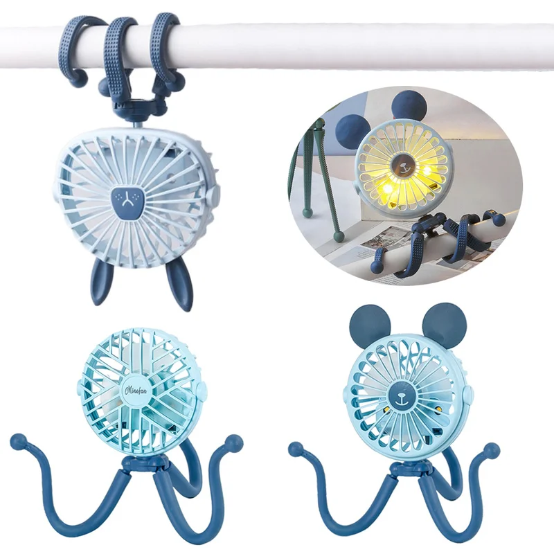 Mini Stroller Fan Baby Bed Car Seat Hanging Winding Fan Warm Night Light Design Portable USB Rechargeable Fan