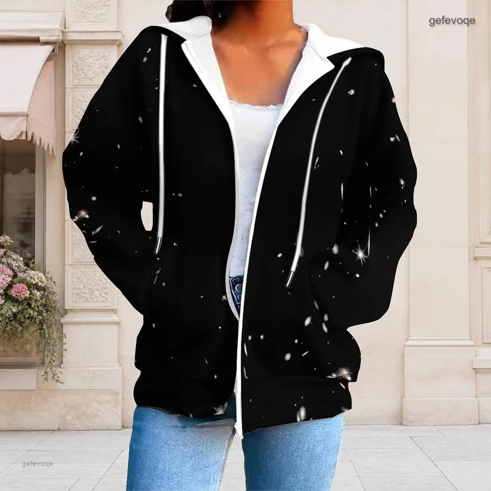 Women Brown Beige Black Geometric Color Block Printed Zip Up Long Sleeve Hoodie