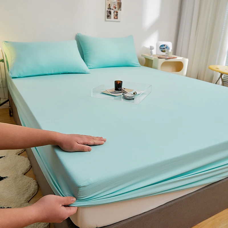 Solid Color Fitted Sheet Mattress Cover Bed Linen with Elastic Band Mattress Protector Pad 100%Polyester King Size Bedding Set