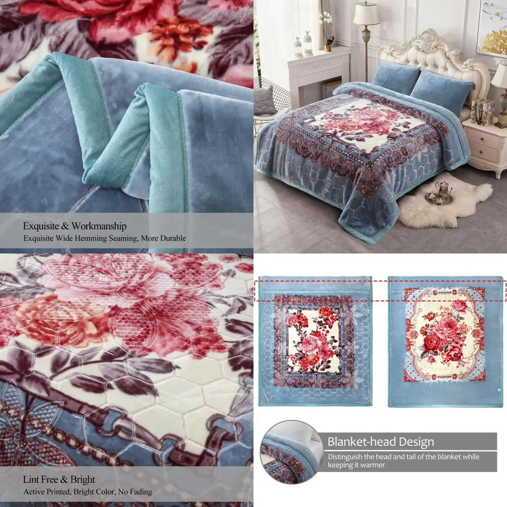 

Флисовое одеяло королевского размера 87x94, 10,5 фунтов, плюшевое тяжелое зимнее одеяло, 2-слойный цветочный принт, мягкий теплый серо-синий пион
