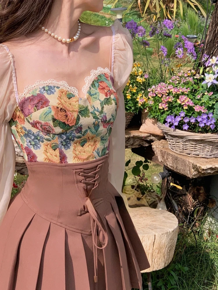 Vintage Corset Tops + กระโปรง2ชิ้นชุดผู้หญิงเสื้อ Y2k Crop Top Evening Party แฟชั่นชุด2022ฤดูร้อน