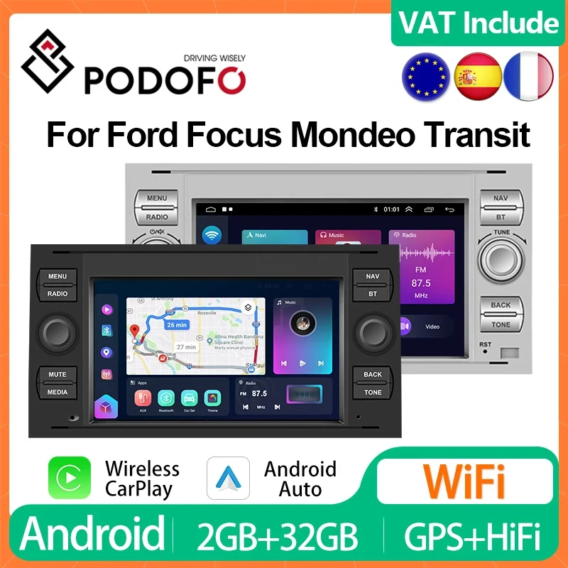 Podofo CarPlay Android Car Radio For Ford Mondeo S-max Focus Galaxy Transit Kuga Multimedia Player 2din GPS Stereo Head Unit