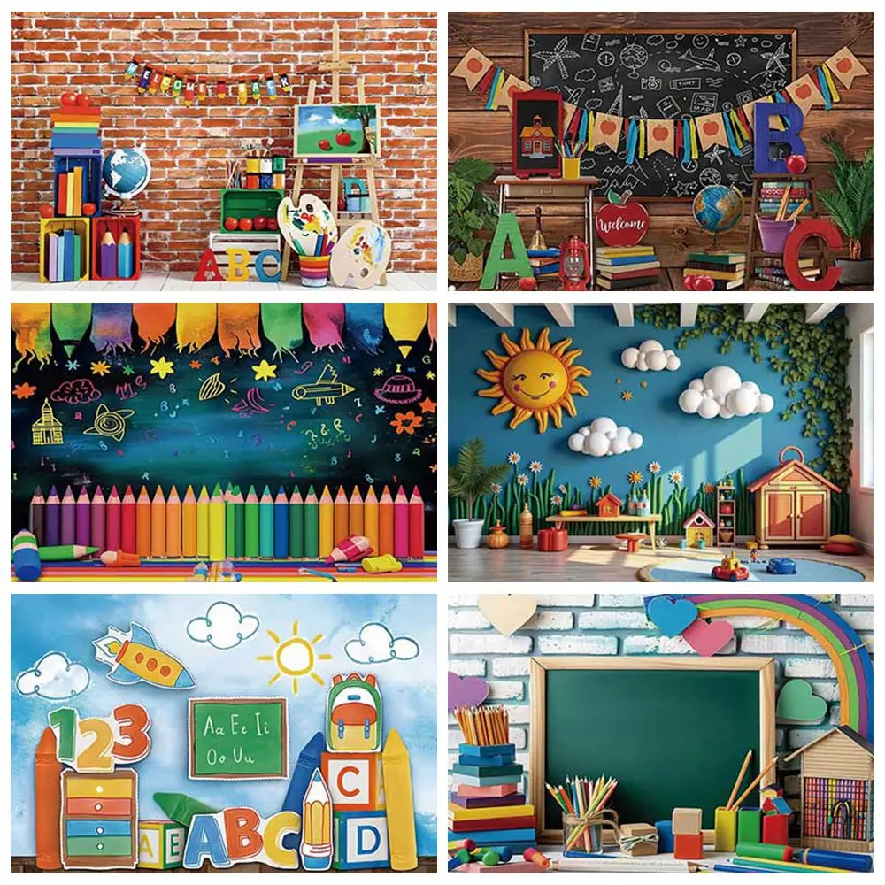 

MOON.QG Kindergarten Primary Back to School Decorations Backdrop Red Brick Wall Blackboard Picture Wood Background Banner Poster