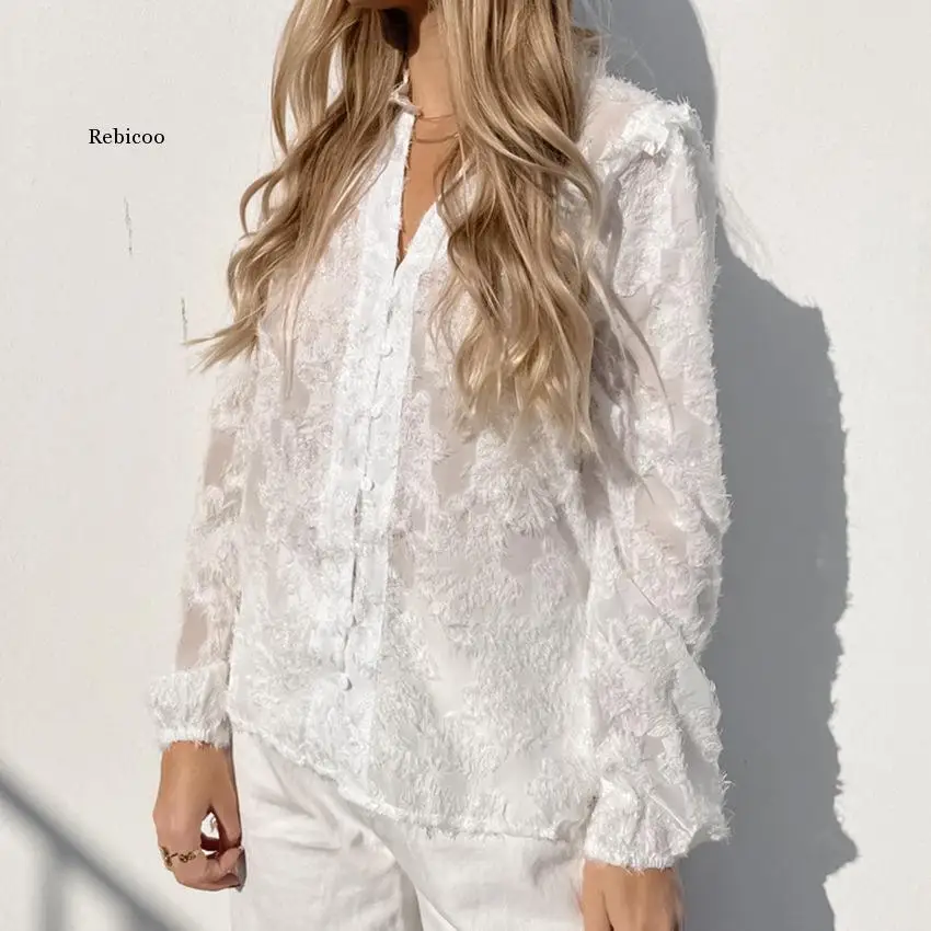 Transparent Chiffon Elegant Lapel Shirt Spring 2022 Long Sleeve Button Blouses Single-Breasted Lady Office White Top