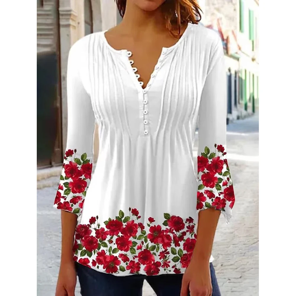 Summer Shirts Women T Shirt Short Sleeve Tops Flower Graphic Clothing Everyday Streetwear V-Neck Pullovers For Women's Tees 2024