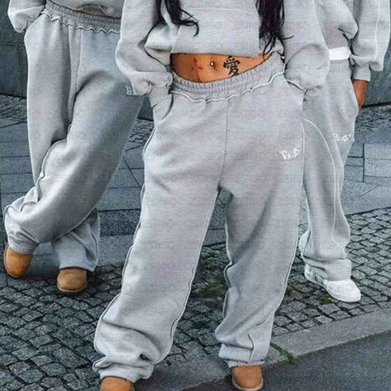 Y2K Autunno Inverno Caldo Hip Hop Pantaloni da strada Tendenza sportiva Vintage Joker Moda Lettera Ricamo Pantaloni slim dritti a gamba larga