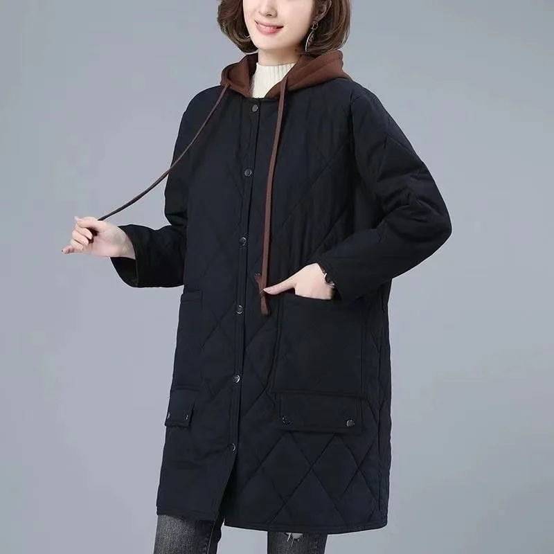 Italian Style Women Long Parkas 2024 New Autumn Winter Light Weight Female Hooded Cotton-Padded Coat Quilted Outerwear Jackets