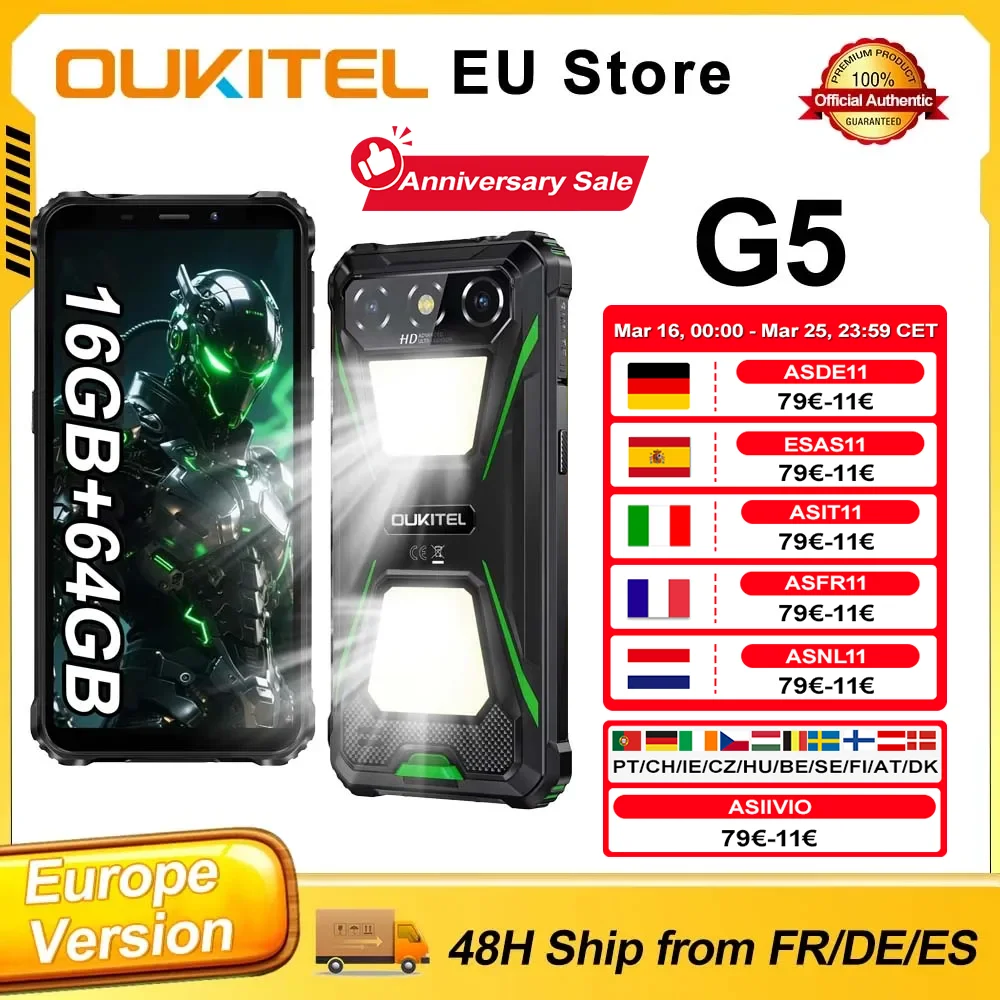 Oukitel G5 Android 14 double lumières de Camping 4G Smartphone robuste 4GB + 12GB extension RAM 64GB ROM 6300mAh 13MP 6.0 ''HD téléphone portable