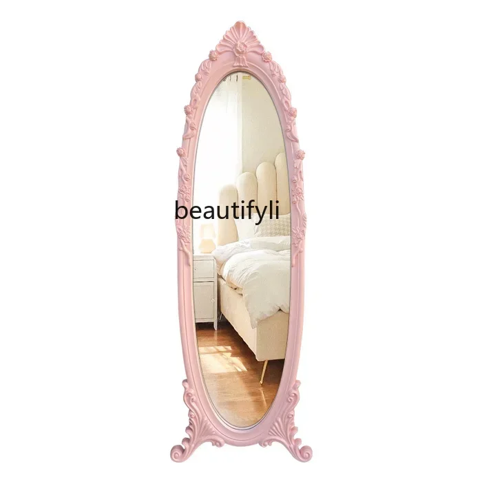 BBEuropean full-length mirror full-body floor mirror carved bedroom ins wind wall-mounted pink mirror