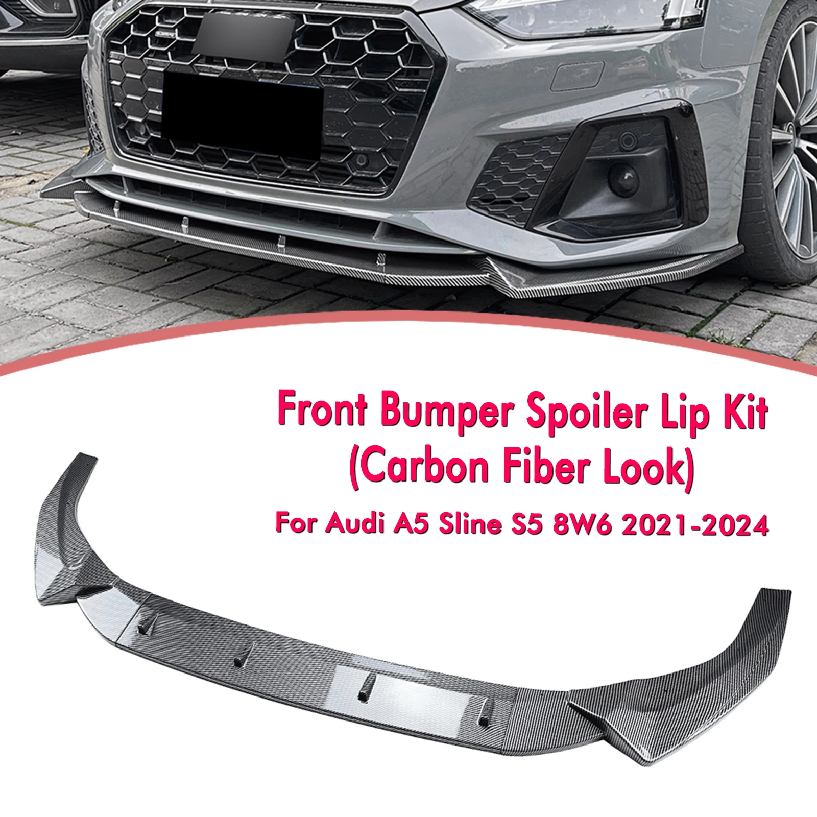 

Front Bumper Spoiler Lip For Audi A5 Sline S5 8W6 2021-2024 Gloss Black/Carbon Fiber Look Lower Splitter Protector Guard Plate