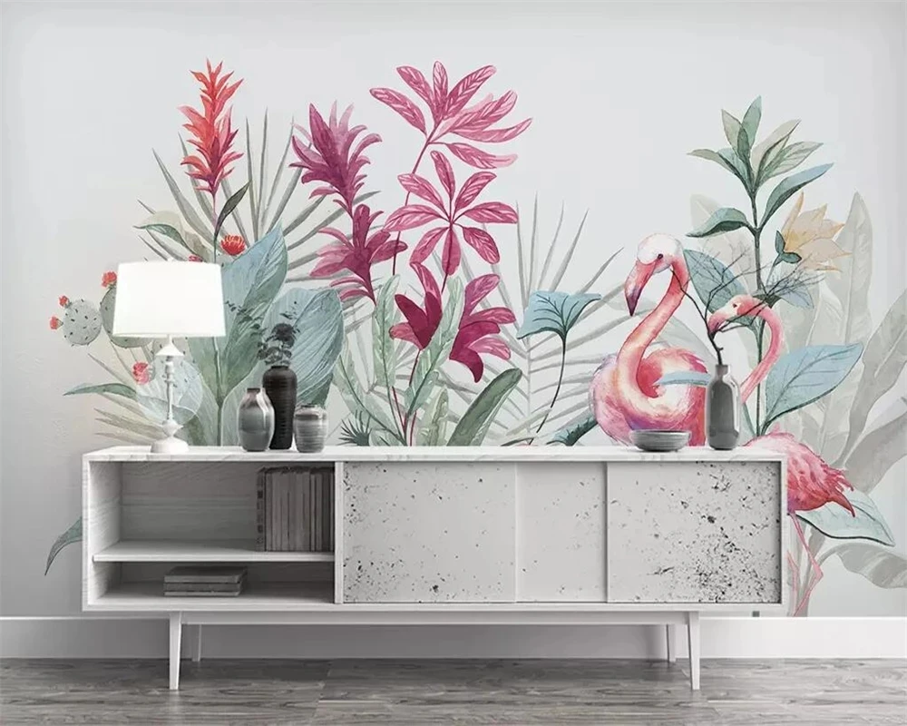 Customized wallpaper 3D modern minimalist children's room tree flamingo leaf Living room TV background wall bedroom restaurant