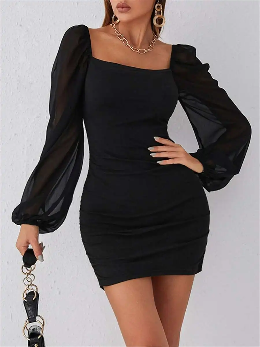 

Black Square Neck Long Sleeve Ruched Mini Dress with Sheer Puff Sleeves