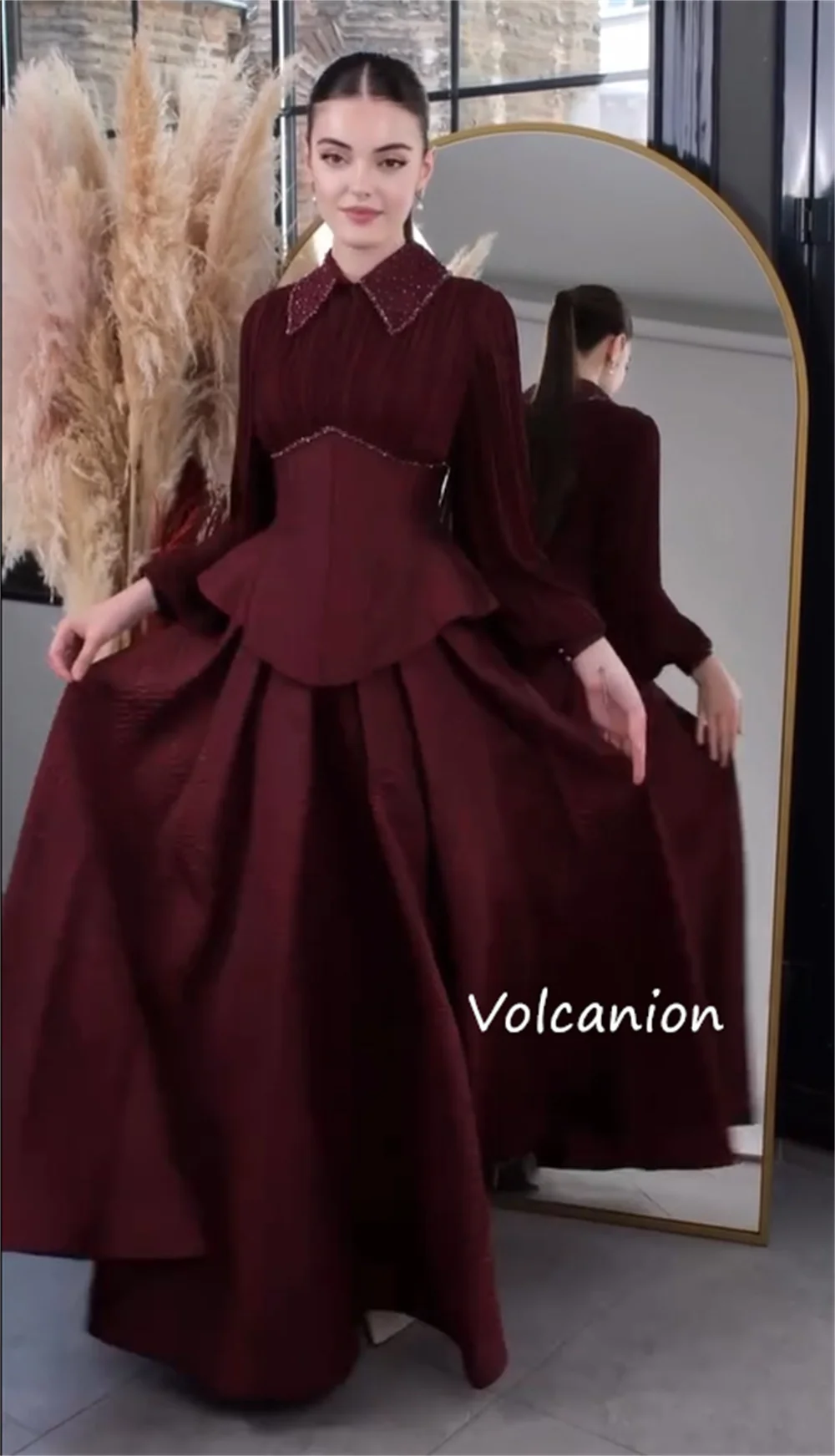 Customized Pastrol Pleat Sequined A-line High Collar Long Dresses Bespoke Occasion High Quality Simple