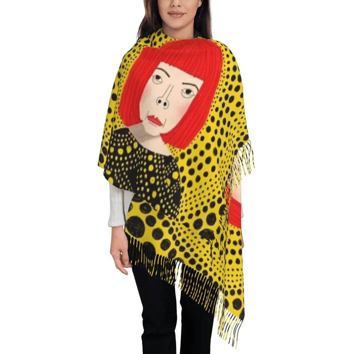 Yayoi Kusama Aesthetic Tassel Scarf Women Soft Pumpkin Art Dots Shawl Wrap Lady Winter Scarves