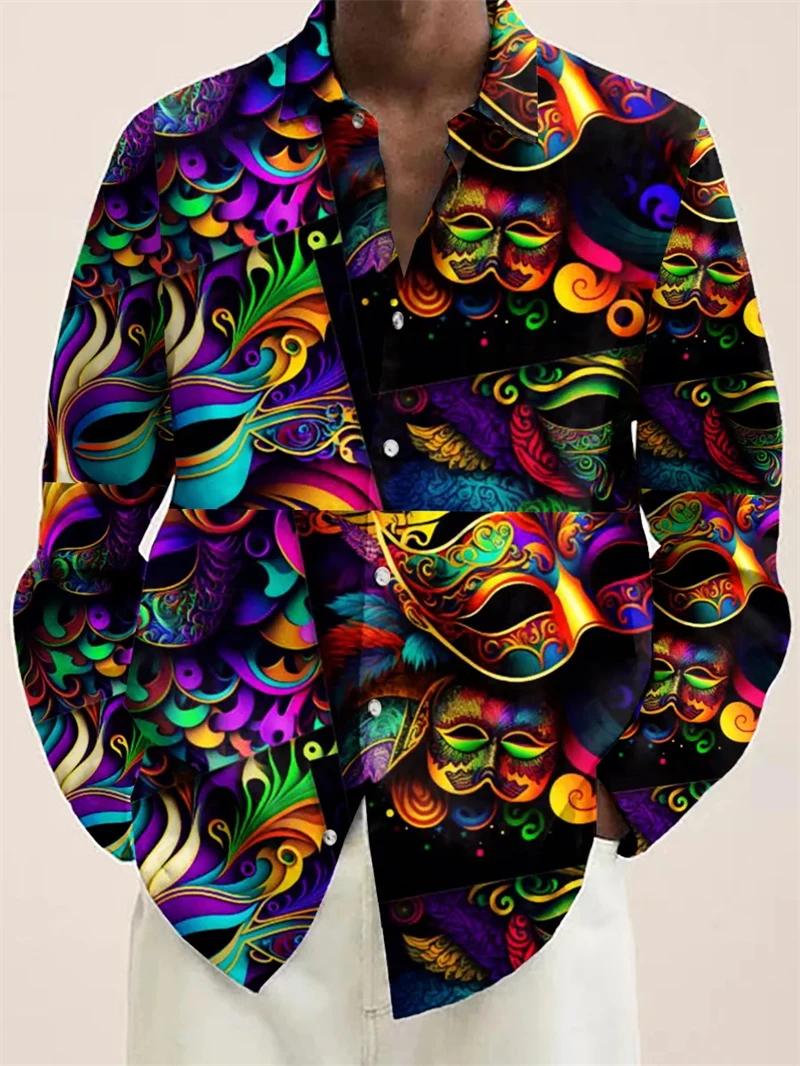 Mardi Gras 3D Print Hawaiian Shirts Mens Women Fashion Personality Carnival Pattern Casual Long Sleeve Button Shirt Loose Blouse