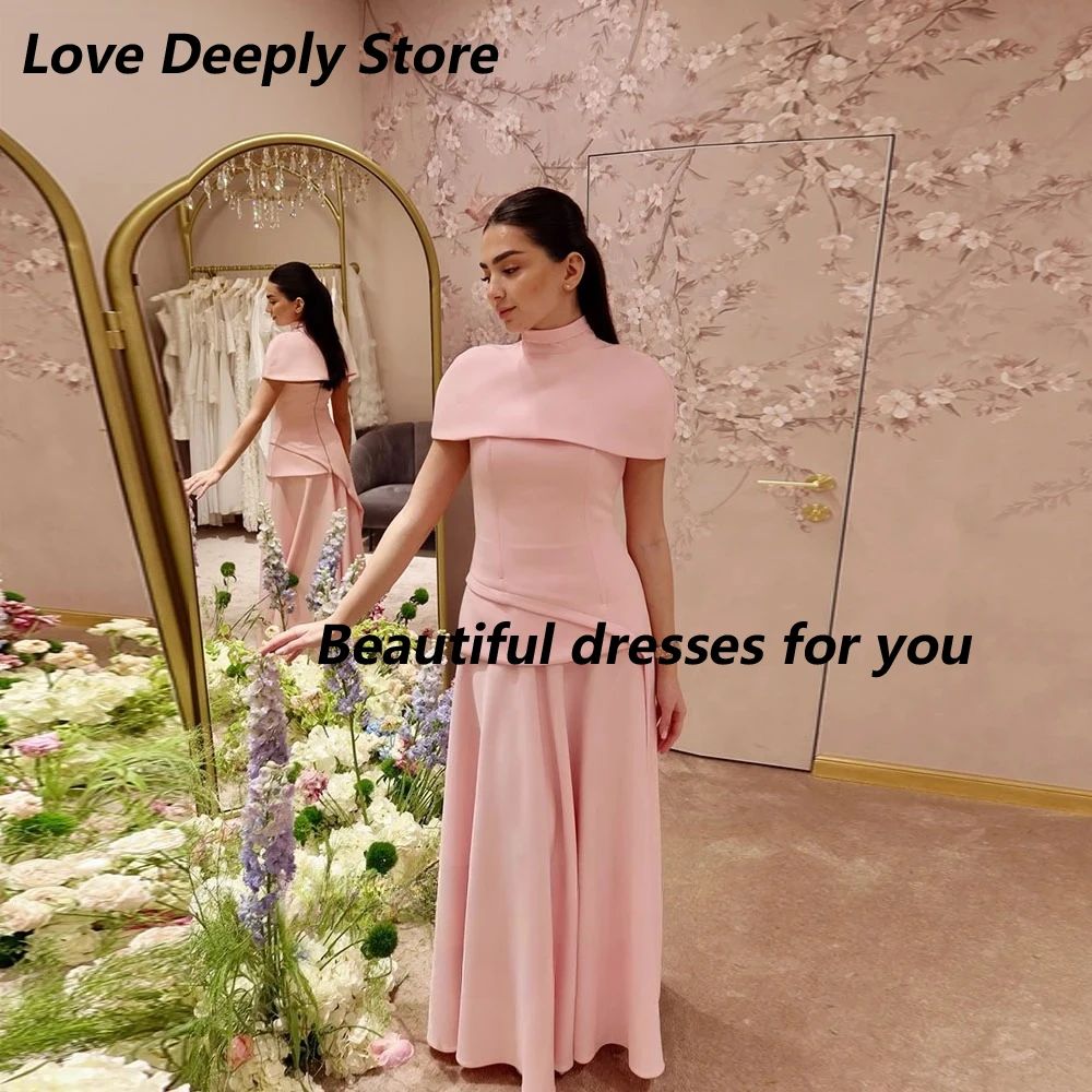 

Pink Jersey Simple Evening Dress Customized High Neck Short Sleeves Pleated A Line Floor Length Formal Party Dresses Prom Gowns