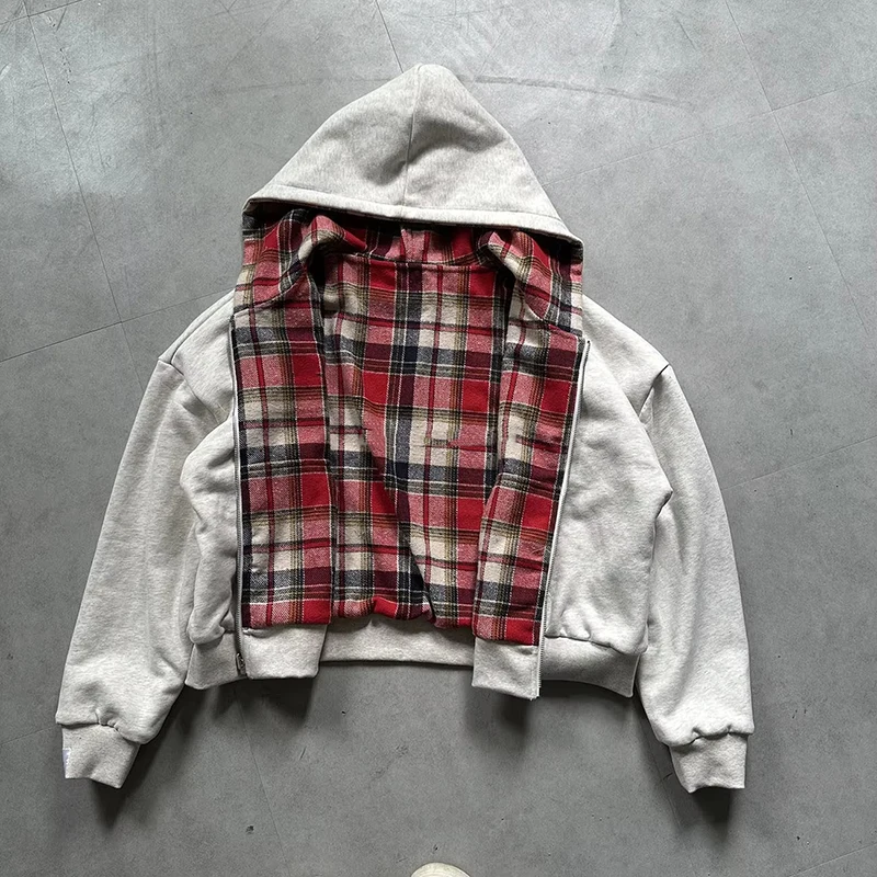 Winter Casual Plaid Print Hoodies Women's Y2K Zip-Up Double-Sided Wear Sweatshirt Female Fashion Trendy Loose Hooded Shirt Coats