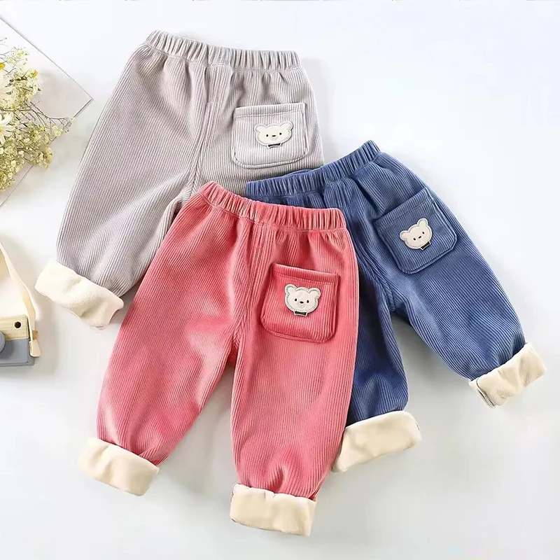 Kids Pants Spring Autumn Warm Girls Trousers Baby Boys Handsome Litter Bear Britches 0-8 Years Old Children Warm Casual Pants