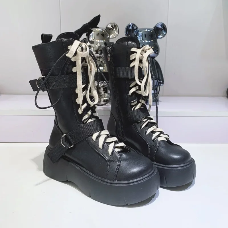 Botas Punk de suela gruesa con hebilla de Metal para mujer, zapatos hasta la rodilla góticos, con cuña, para Cosplay, 2024